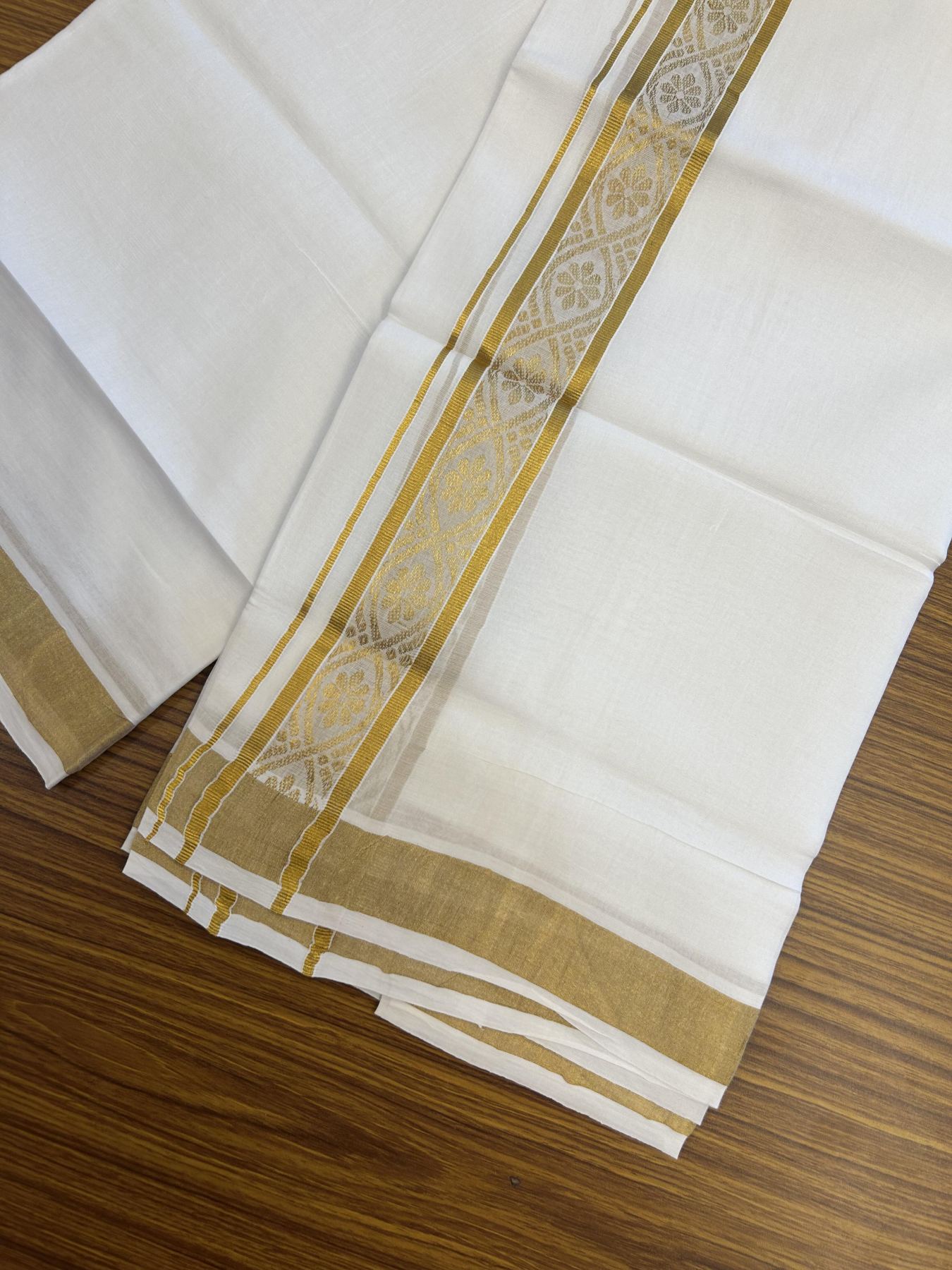 20% Discount!! Kaitharikada Balaramapuram 100% Pure Cotton Pure White Double Mundu/Dothi - 100x80 - 1.75 inch Gold Kasav Jacquard Design Kara - 3.90 m (8 muzham) - 49 KK5356 VAS