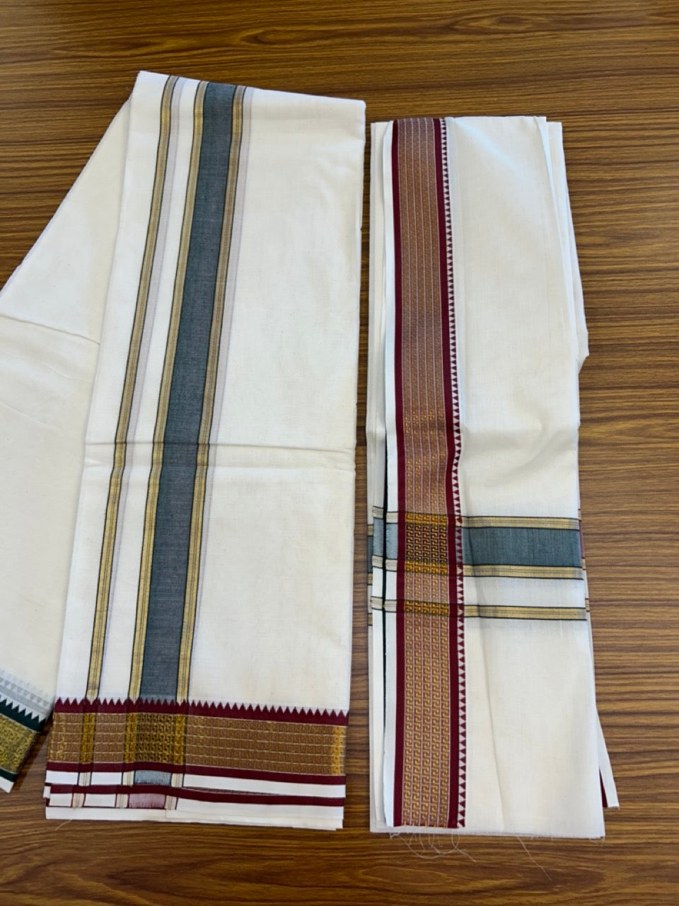 20% Discount! KaithariKada Mixed Cotton Off White - (Unbleached) 80x90 thread - North Indian - Gamcha 8x4 - 2 inch kara with Green & Maroon Gold Kasav Jacquard border - 17 KK5303 PMC