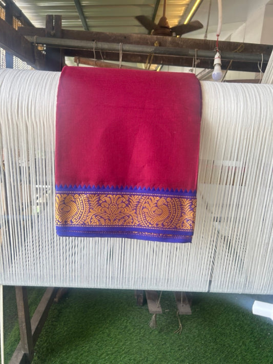 20% DISCOUNT! KaithariKada - Cotton Mix - 80x90 thread - 80 % Cotton & 20% Polyester- NORTH INDIAN - ATTACHED GAMCHA 9X5 Dhoti -3.5 inch Gold Kasavu Dark Green & Blue Design Border with Dark Maroon Colour body -  114KK5227 PMC
