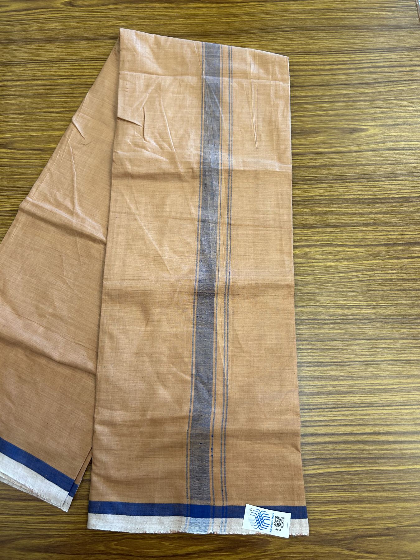 Kerala Handloom - Signature Kaitharikada - Government Sealed Hallmarked - 100% Pure Cotton 2/60x40s Thread - Single Mundu / Dhoti - 1 inch Blue Shaded Striped Kara with Kavi colour Body - 24 KK8046 KAL