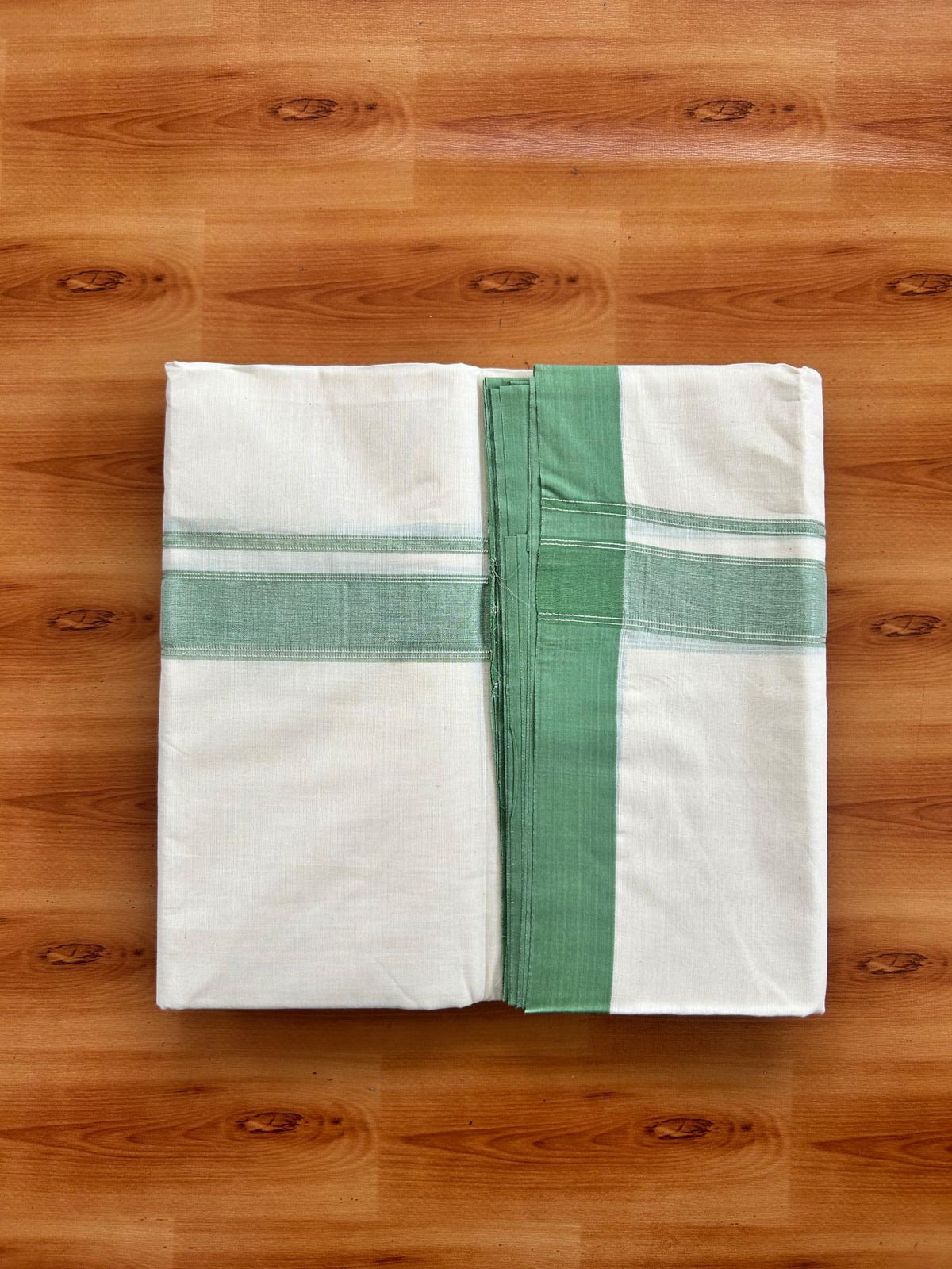 Double Off White (Unbleached) Mundu/Dhoti - 20% Discount! Kaitharikada Pure Cotton - 80x80 - 1.25 Inch Pista Green & Silver shaded Kara 4 mtr (8.5 muzham) - 5 KK5497 MRH
