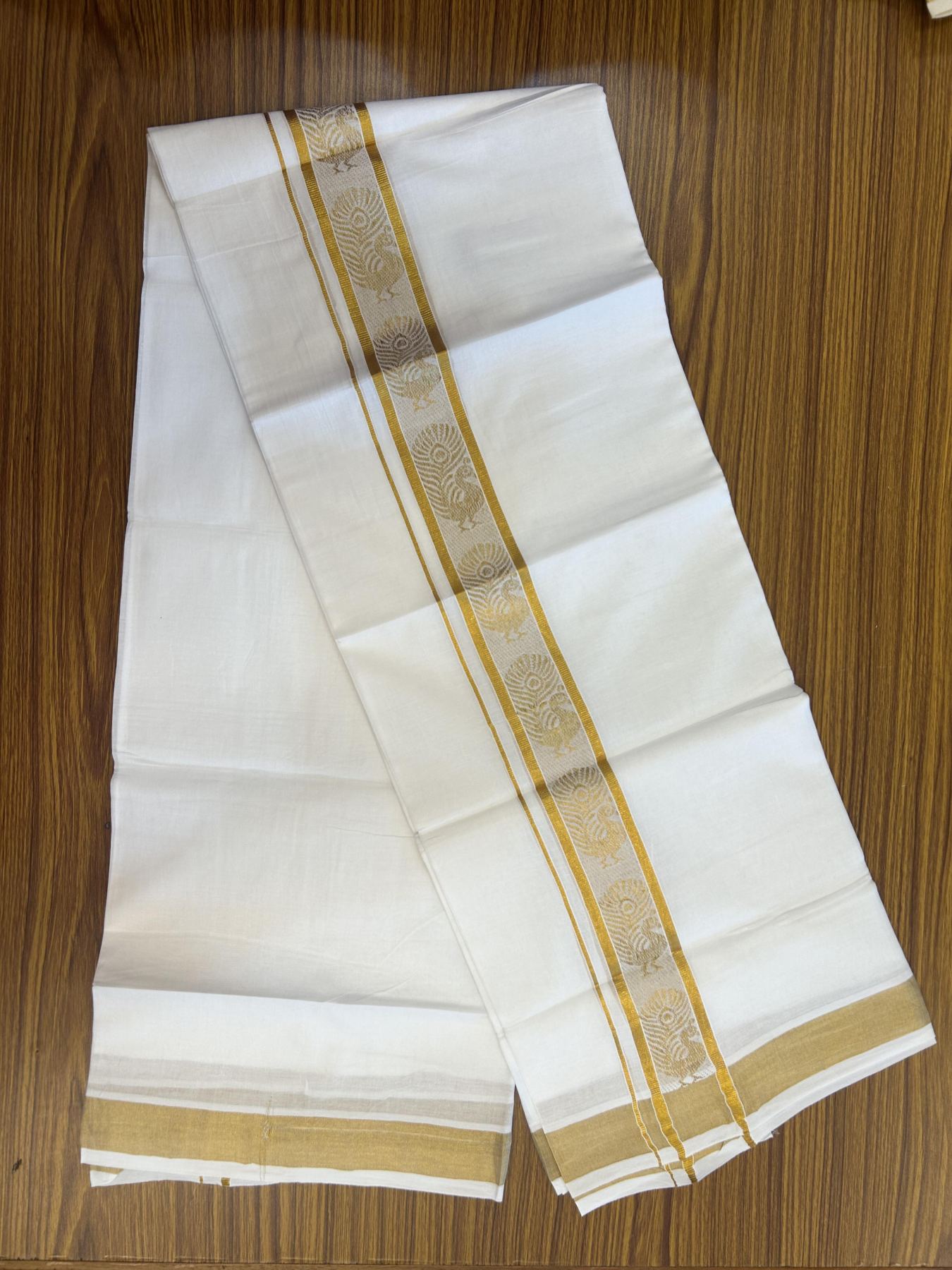 20% Discount!! Kaitharikada Balaramapuram 100% Pure Cotton Pure White Double Mundu/Dothi - 100x80 - 1.75 inch Gold Kasav Peacock Jacquard Design Kara - 3.90 m (8 muzham) - 50 KK5356 VAS