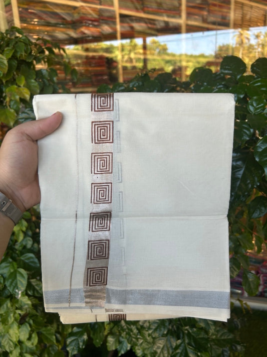 22% Discount!! KaithariKada Balaramapuram 100% Cotton Double Off White - (Ubleached) Mundu/Dhoti - 80x80 - 1 inch Silver Kasavu &  Brown Printed Design Kara - 4 mtr (8 muzham)- 5 KK5253 GAN