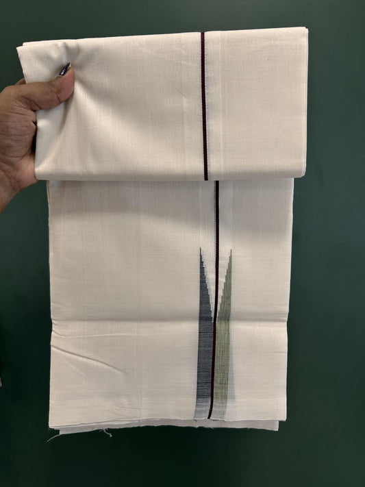 Double Off White (Unbleached) Mundu/Dhoti - 25% Discount!! KaithariKada Handloom Unakkupaav - Kerala Handloom - 100% Pure Cotton - 100x80 - 1.25 inch Coffee Brown, Black & Multi Colour Chutty Kara 4 meter (8.5 muzham) - 3 KK5436 REA