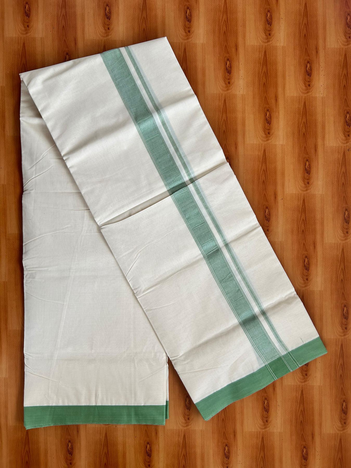 Double Off White (Unbleached) Mundu/Dhoti - 20% Discount! Kaitharikada Pure Cotton - 80x80 - 1.25 Inch Pista Green & Silver shaded Kara 4 mtr (8.5 muzham) - 5 KK5497 MRH