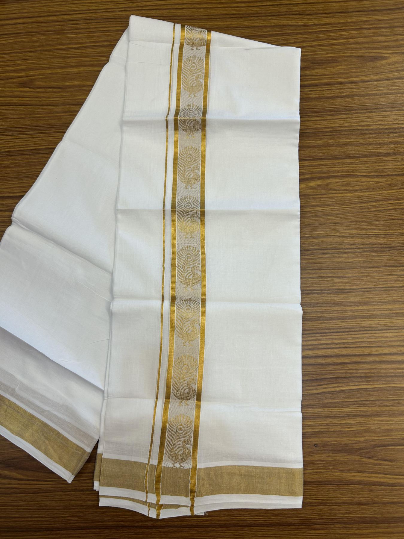 20% Discount!! Kaitharikada Balaramapuram 100% Pure Cotton Pure White Double Mundu/Dothi - 100x80 - 1.75 inch Gold Kasav Peacock Jacquard Design Kara - 3.90 m (8 muzham) - 50 KK5356 VAS
