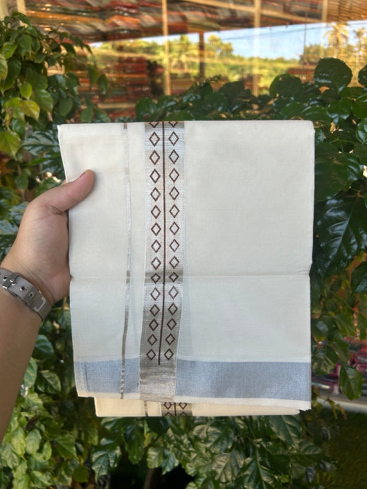 22% Discount!! KaithariKada Balaramapuram 100% Cotton Double Off White - (Ubleached) Mundu/Dhoti - 80x80 - 1.5 inch Silver Kasavu &  Brown Printed Design Kara - 4 mtr (8 muzham)- 7 KK5253 GAN