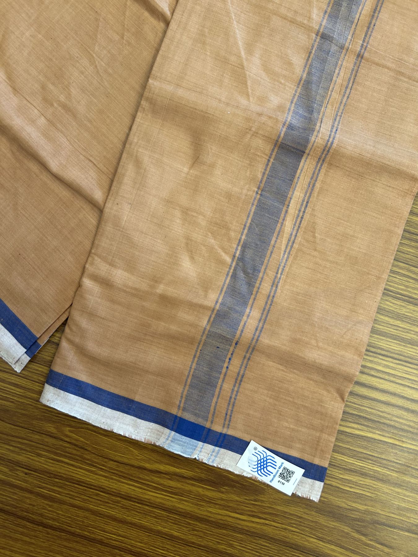 Kerala Handloom - Signature Kaitharikada - Government Sealed Hallmarked - 100% Pure Cotton 2/60x40s Thread - Single Mundu / Dhoti - 1 inch Blue Shaded Striped Kara with Kavi colour Body - 24 KK8046 KAL