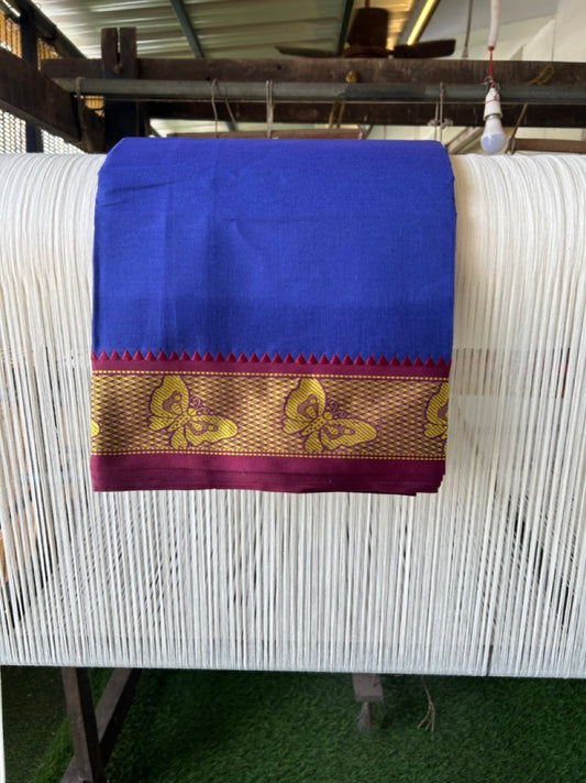 20% DISCOUNT! KaithariKada - Cotton Mix - 80x90 thread - 80 % Cotton & 20% Polyester- NORTH INDIAN - ATTACHED GAMCHA 9X5 Dhoti -3.5 inch Gold Kasavu Dark Green & Maroon Butterfly Design Border with Dark Blue Colour body - 112KK5227 PMC