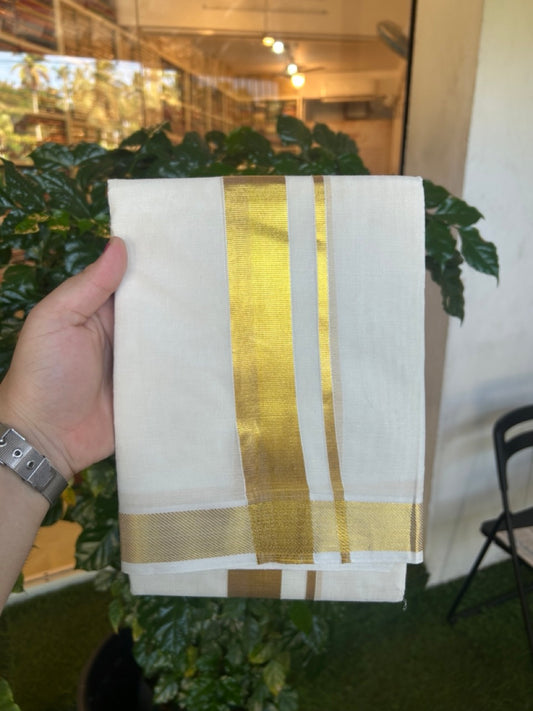 20% Discount ! Kaitharikada Balaramapuram 100% Cotton Off White Double Mundu/Dothi  - 100x100- 1.5 Inch Gold Kasav Kara - 17 KK5253 GAN