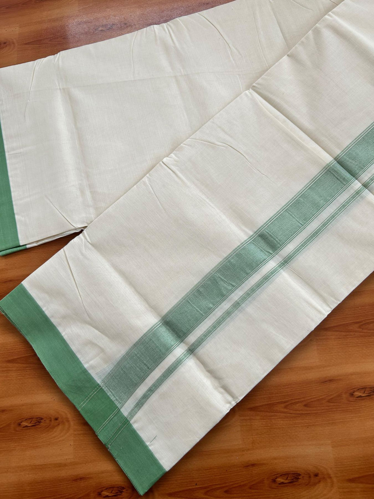 Double Off White (Unbleached) Mundu/Dhoti - 20% Discount! Kaitharikada Pure Cotton - 80x80 - 1.25 Inch Pista Green & Silver shaded Kara 4 mtr (8.5 muzham) - 5 KK5497 MRH