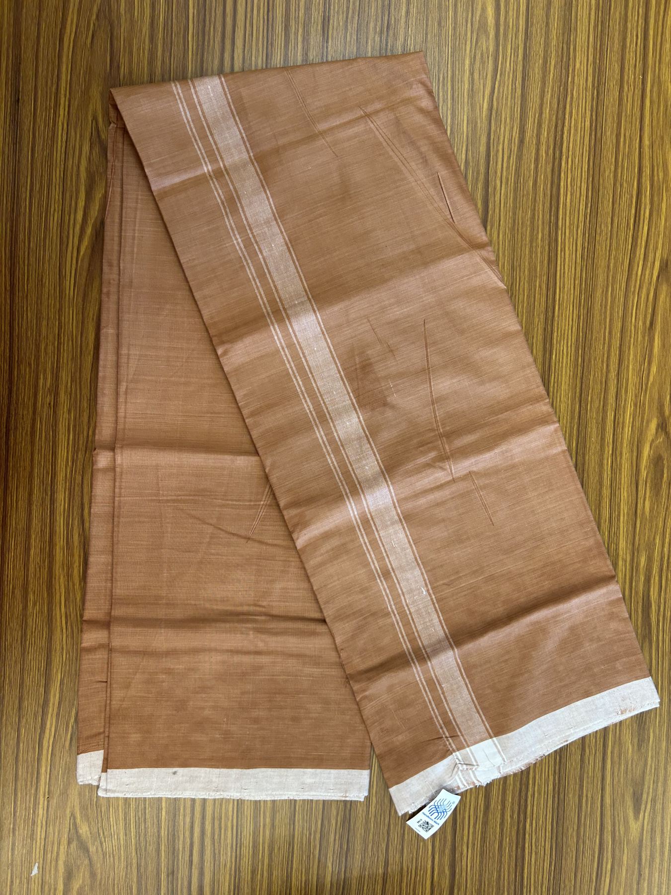 Kerala Handloom - Signature Kaitharikada - Government Sealed Hallmarked - 100% Pure Cotton 2/60x40s Thread - Single Mundu / Dhoti - 1.25 inch White Shaded Striped Kara with Kavi colour Body - 25 KK8046 KAL