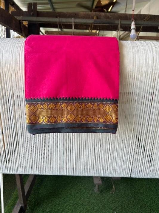 20% DISCOUNT! KaithariKada - Cotton Mix - 80x90 thread - 80 % Cotton & 20% Polyester- NORTH INDIAN - ATTACHED GAMCHA 9X5 Dhoti -3.5 inch Gold Kasavu Dark Green & Blue Design Border with Dark Magenta Colour body - 111KK5227 PMC