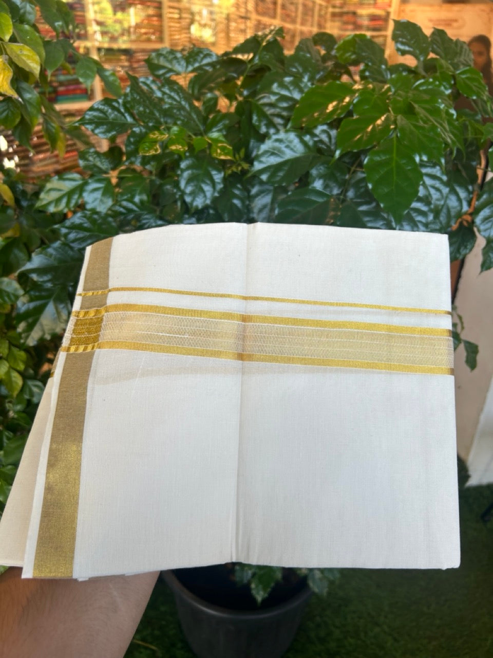 20% Discount ! Kaitharikada Balaramapuram 100% Cotton Off White Double Mundu/Dothi  - 100x100- 1.25 Inch Gold Kasav Design Kara - 42 KK5253 GAN