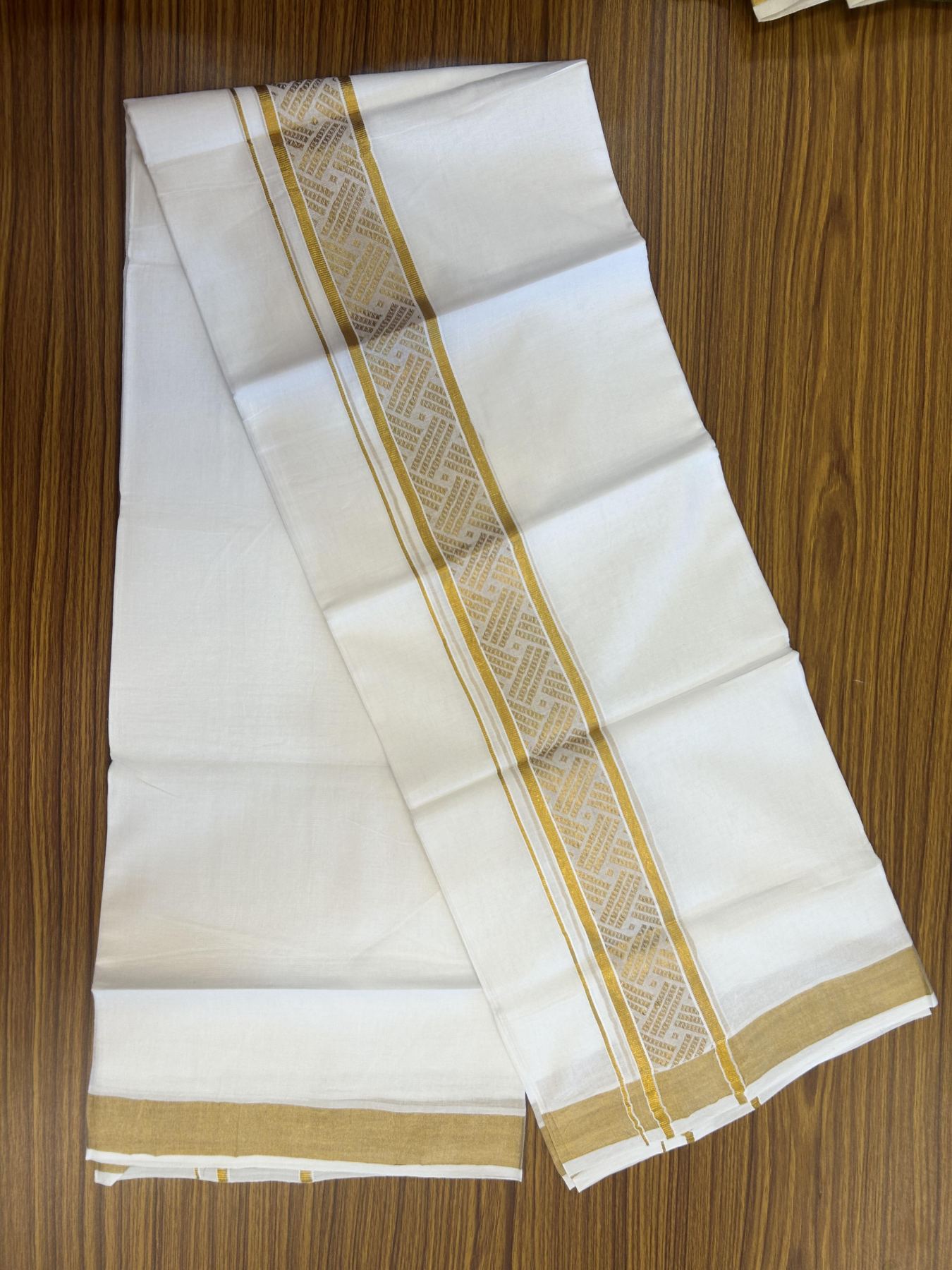 20% Discount!! Kaitharikada Balaramapuram 100% Pure Cotton Pure White Double Mundu/Dothi - 100x80 - 1.75 inch Gold Kasav Jacquard Design Kara - 3.90 m (8 muzham) - 51 KK5356 VAS