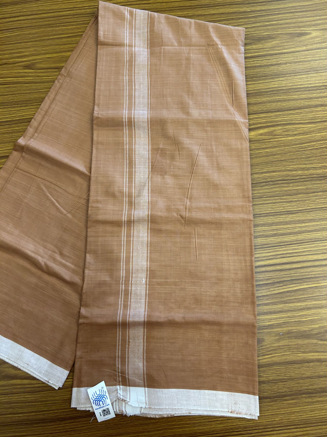 Kerala Handloom - Signature Kaitharikada - Government Sealed Hallmarked - 100% Pure Cotton 2/60x40s Thread - Single Mundu / Dhoti - 1.25 inch White Shaded Striped Kara with Kavi colour Body - 25 KK8046 KAL