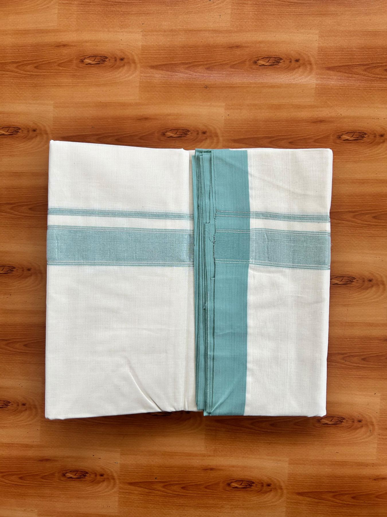 Double Off White (Unbleached) Mundu/Dhoti - 20% Discount! Kaitharikada Pure Cotton - 80x80 - 1.25 Inch Light Sea Green & Silver shaded Kara 4 mtr (8.5 muzham) - 6 KK5497 MRH