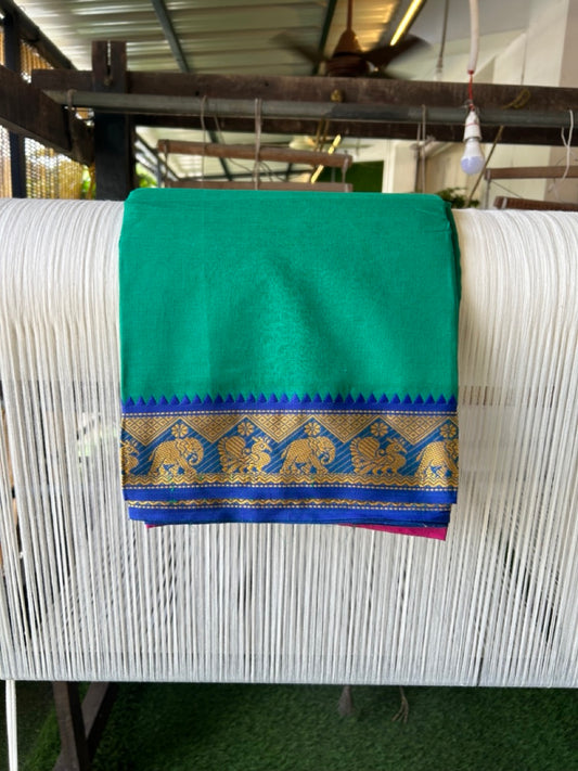20% DISCOUNT! KaithariKada - Cotton Mix - 80x90 thread - 80 % Cotton & 20% Polyester- NORTH INDIAN - ATTACHED GAMCHA 9X5 Dhoti - 2.75 inch Blue & Yellow Kara with Kavi Colour body - Gold Kasavu Green & Blue Design Border - 110KK5227 PMC