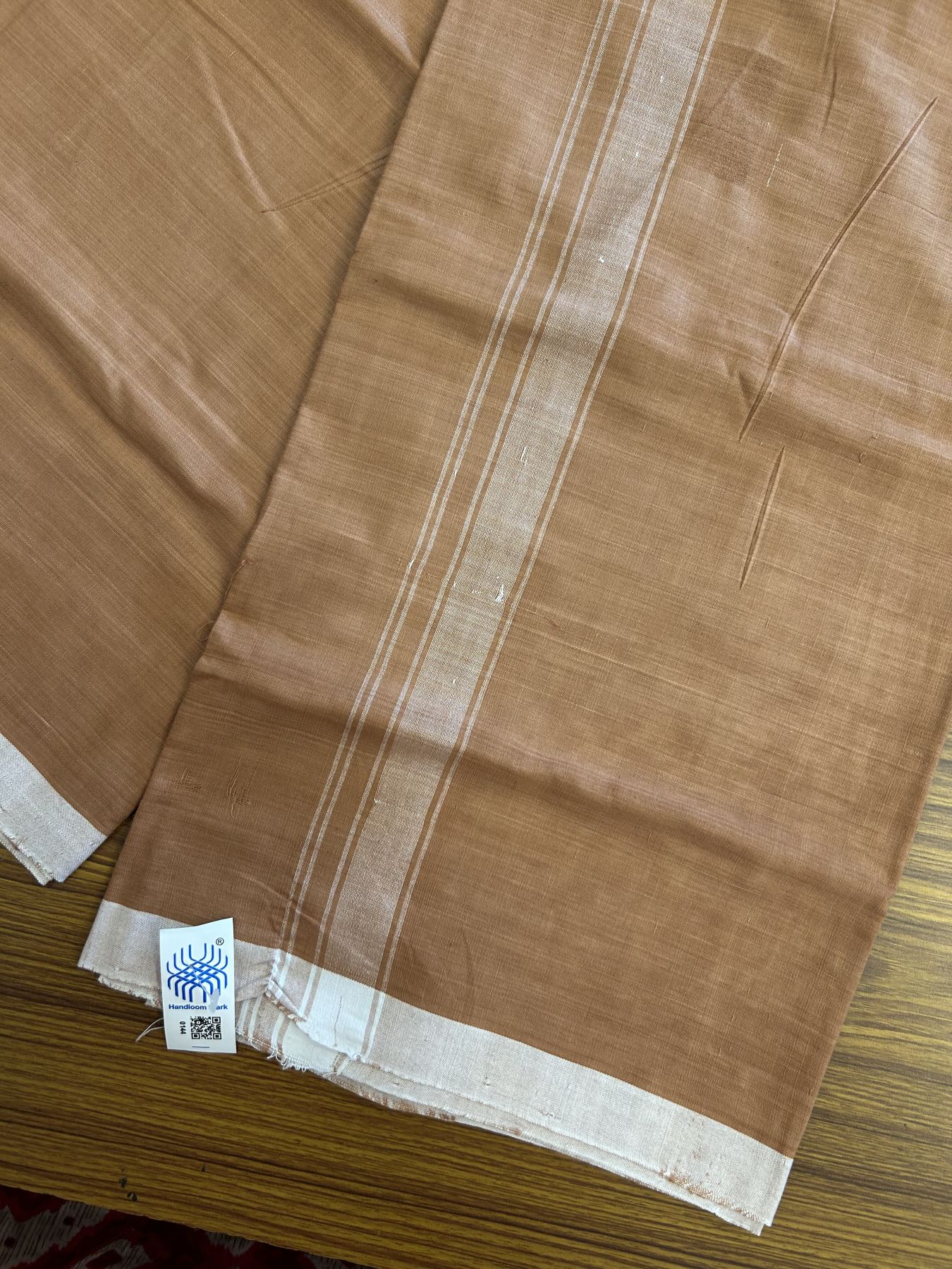 Kerala Handloom - Signature Kaitharikada - Government Sealed Hallmarked - 100% Pure Cotton 2/60x40s Thread - Single Mundu / Dhoti - 1.25 inch White Shaded Striped Kara with Kavi colour Body - 25 KK8046 KAL