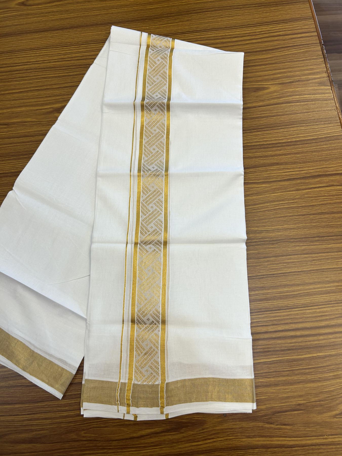 20% Discount!! Kaitharikada Balaramapuram 100% Pure Cotton Pure White Double Mundu/Dothi - 100x80 - 1.75 inch Gold Kasav Jacquard Design Kara - 3.90 m (8 muzham) - 51 KK5356 VAS