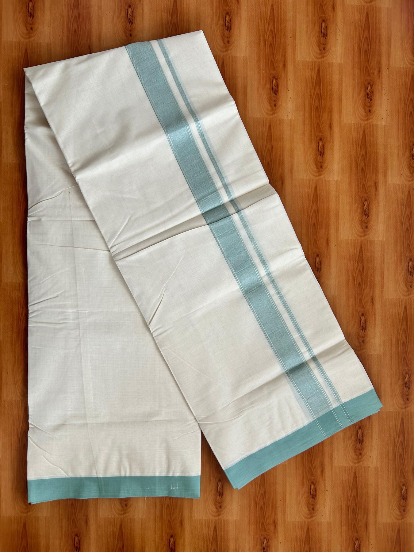 Double Off White (Unbleached) Mundu/Dhoti - 20% Discount! Kaitharikada Pure Cotton - 80x80 - 1.25 Inch Light Sea Green & Silver shaded Kara 4 mtr (8.5 muzham) - 6 KK5497 MRH