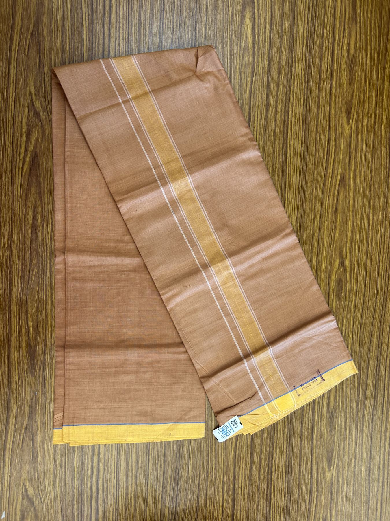 Kerala Handloom - Signature Kaitharikada - Government Sealed Hallmarked - 100% Pure Cotton 2/60x40s Thread - Single Mundu / Dhoti - 1.5 inch Yellow Shaded Striped Kara with Kavi colour Body - 26 KK8046 KAL