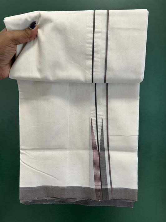 Double Off White (Unbleached) Mundu/Dhoti - 25% Discount!! KaithariKada Handloom Unakkupaav - Kerala Handloom - 100% Pure Cotton - 100x80 - 0.75 inch Brown & Peach Pink Striped Chutty Kara 4 meter (8.5 muzham) - 4 KK5436 REA