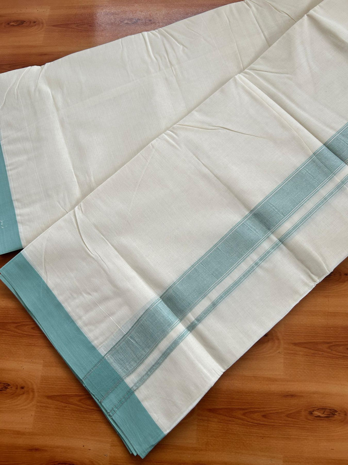 Double Off White (Unbleached) Mundu/Dhoti - 20% Discount! Kaitharikada Pure Cotton - 80x80 - 1.25 Inch Light Sea Green & Silver shaded Kara 4 mtr (8.5 muzham) - 6 KK5497 MRH