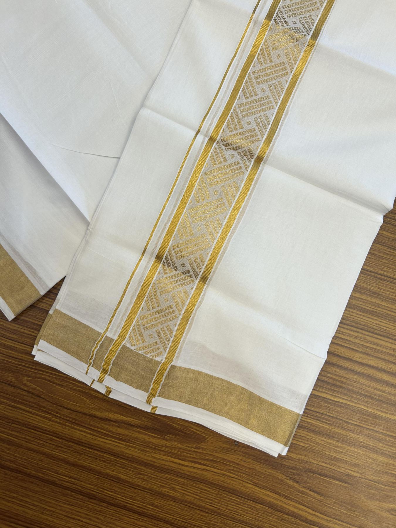 20% Discount!! Kaitharikada Balaramapuram 100% Pure Cotton Pure White Double Mundu/Dothi - 100x80 - 1.75 inch Gold Kasav Jacquard Design Kara - 3.90 m (8 muzham) - 51 KK5356 VAS