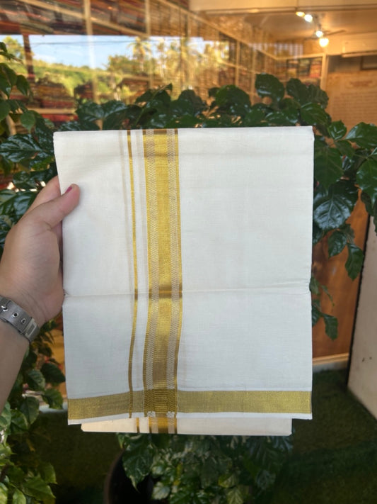 20% Discount ! Kaitharikada Balaramapuram 100% Cotton Off White Double Mundu/Dothi  - 100x100- 1.25 Inch Gold Kasav Design Kara - 14 KK5253 GAN