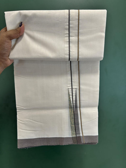 Double Off White (Unbleached) Mundu/Dhoti - 25% Discount!! KaithariKada Handloom Unakkupaav - Kerala Handloom - 100% Pure Cotton - 100x80 - 0.75 inch Brown, Yellow & Multi Colour Shaded Chutty Kara 4 meter (8.5 muzham) - 5 KK5436 REA
