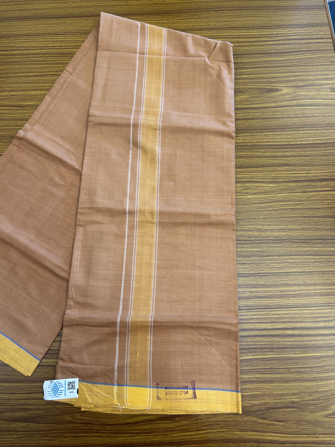 Kerala Handloom - Signature Kaitharikada - Government Sealed Hallmarked - 100% Pure Cotton 2/60x40s Thread - Single Mundu / Dhoti - 1.5 inch Yellow Shaded Striped Kara with Kavi colour Body - 26 KK8046 KAL