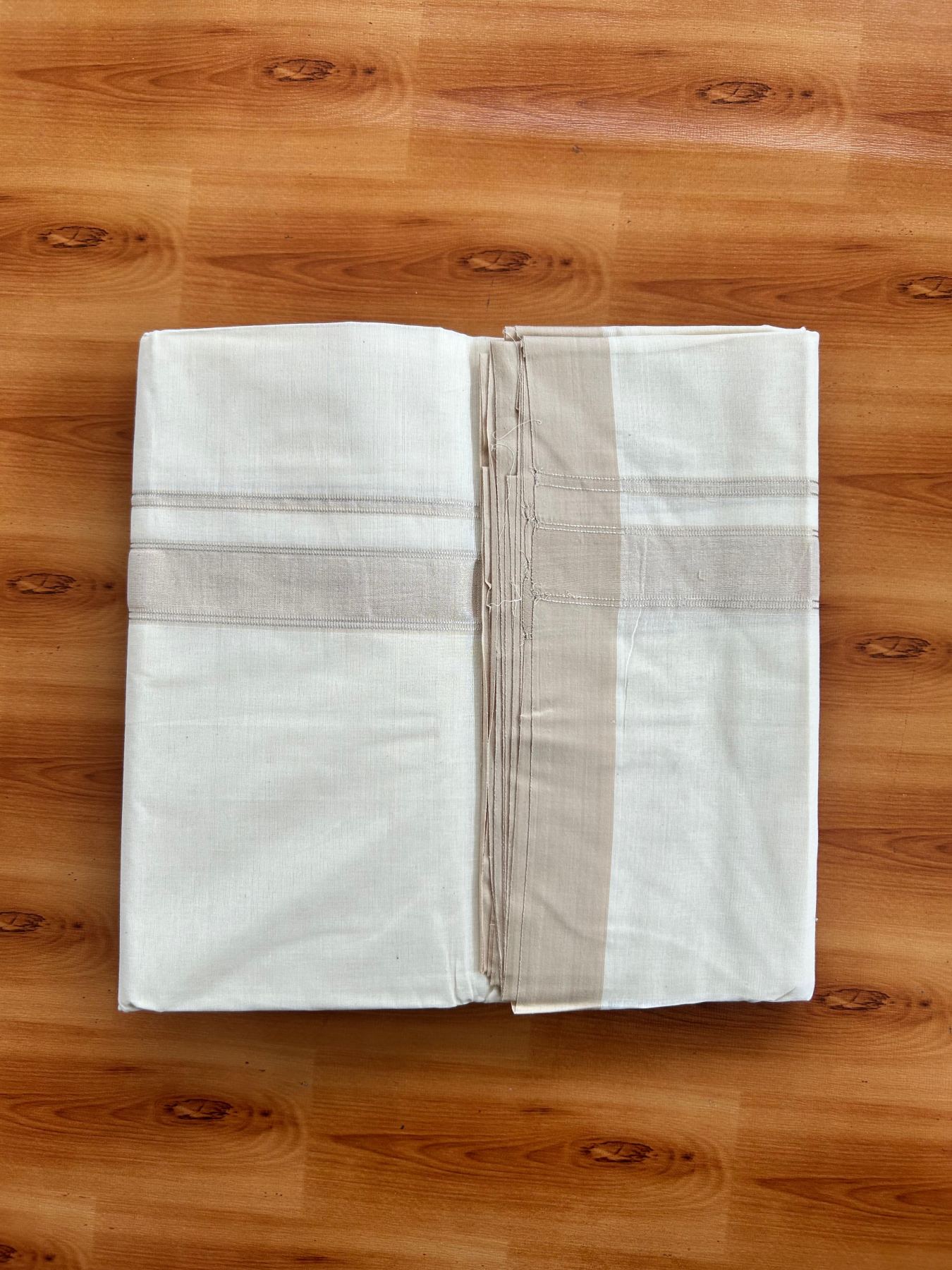 Double Off White (Unbleached) Mundu/Dhoti - 20% Discount! Kaitharikada Pure Cotton - 80x80 - 1.25 Inch Sand Beige & Silver shaded Kara 4 mtr (8.5 muzham) - 7 KK5497 MRH