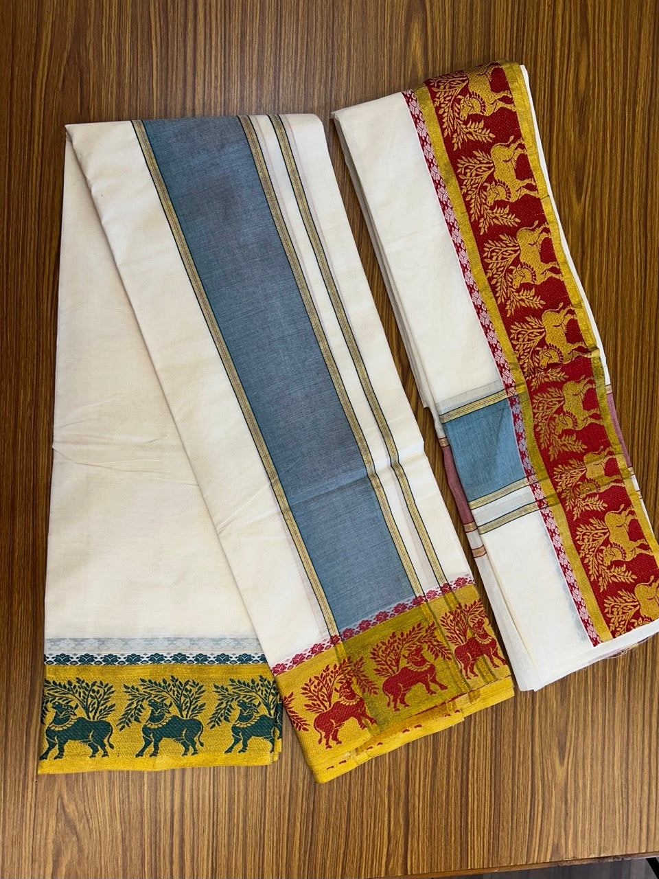 20% Discount! KaithariKada Mixed Cotton Off White - (Unbleached) 80x90 thread - North Indian - Gamcha 8x4 - 4 inch kara with Red & Green Gold Kasav Jacquard border -12 KK5303 PMC