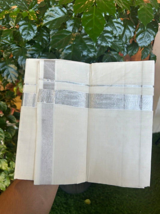 20% Discount ! Kaitharikada Balaramapuram 100% Cotton Off White Double Mundu/Dothi  - 100x100- 1 Inch Silver Kasav Kara - 13 KK5253 GAN