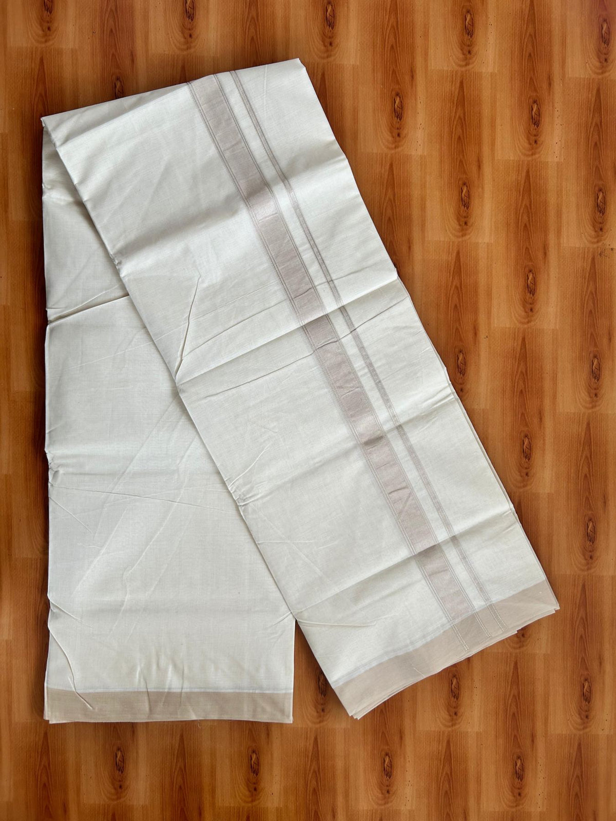Double Off White (Unbleached) Mundu/Dhoti - 20% Discount! Kaitharikada Pure Cotton - 80x80 - 1.25 Inch Sand Beige & Silver shaded Kara 4 mtr (8.5 muzham) - 7 KK5497 MRH