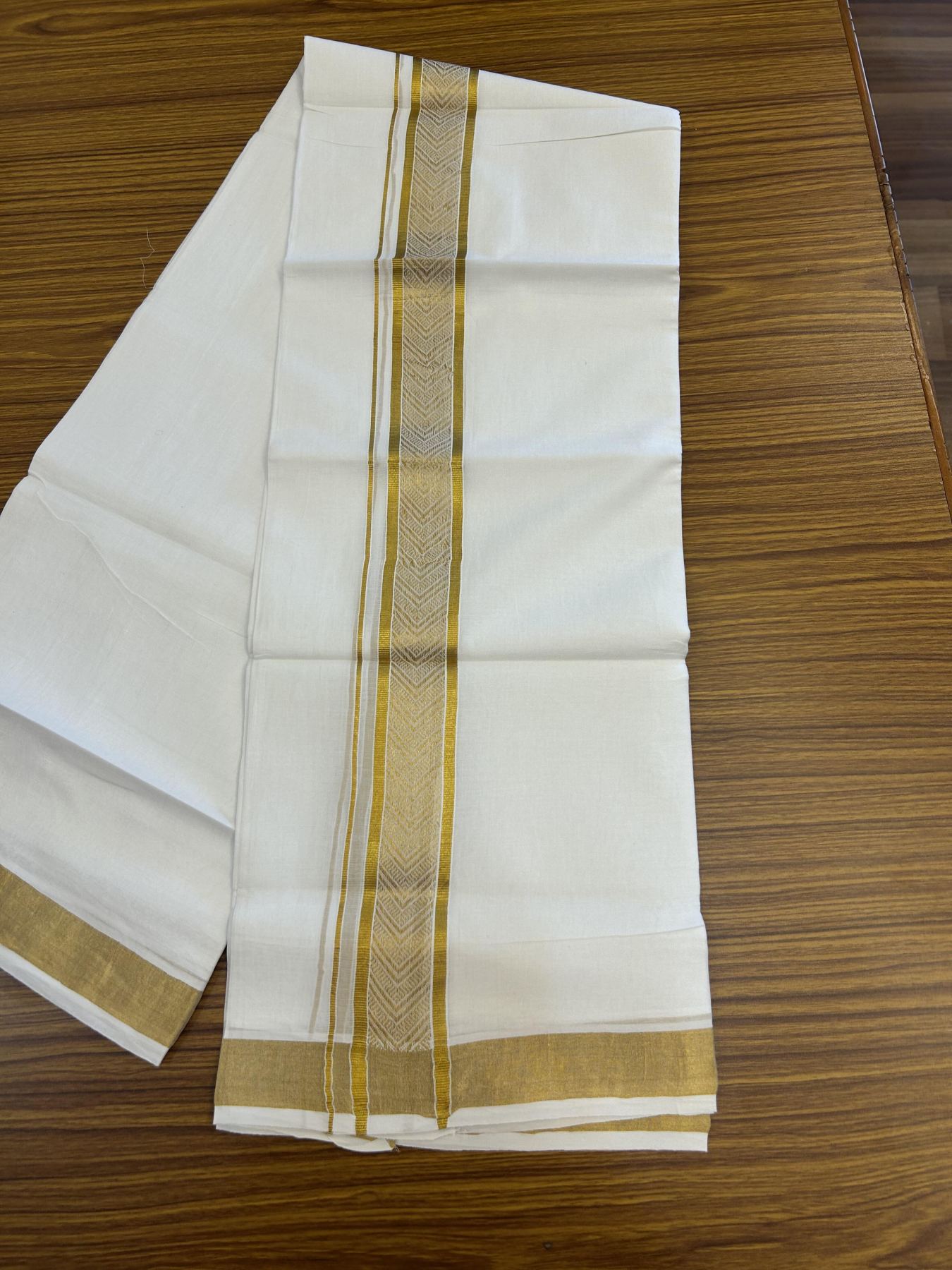 20% Discount!! Kaitharikada Balaramapuram 100% Pure Cotton Pure White Double Mundu/Dothi - 100x80 - 1.75 inch Gold Kasav Jacquard Design Kara - 3.90 m (8 muzham) - 52 KK5356 VAS