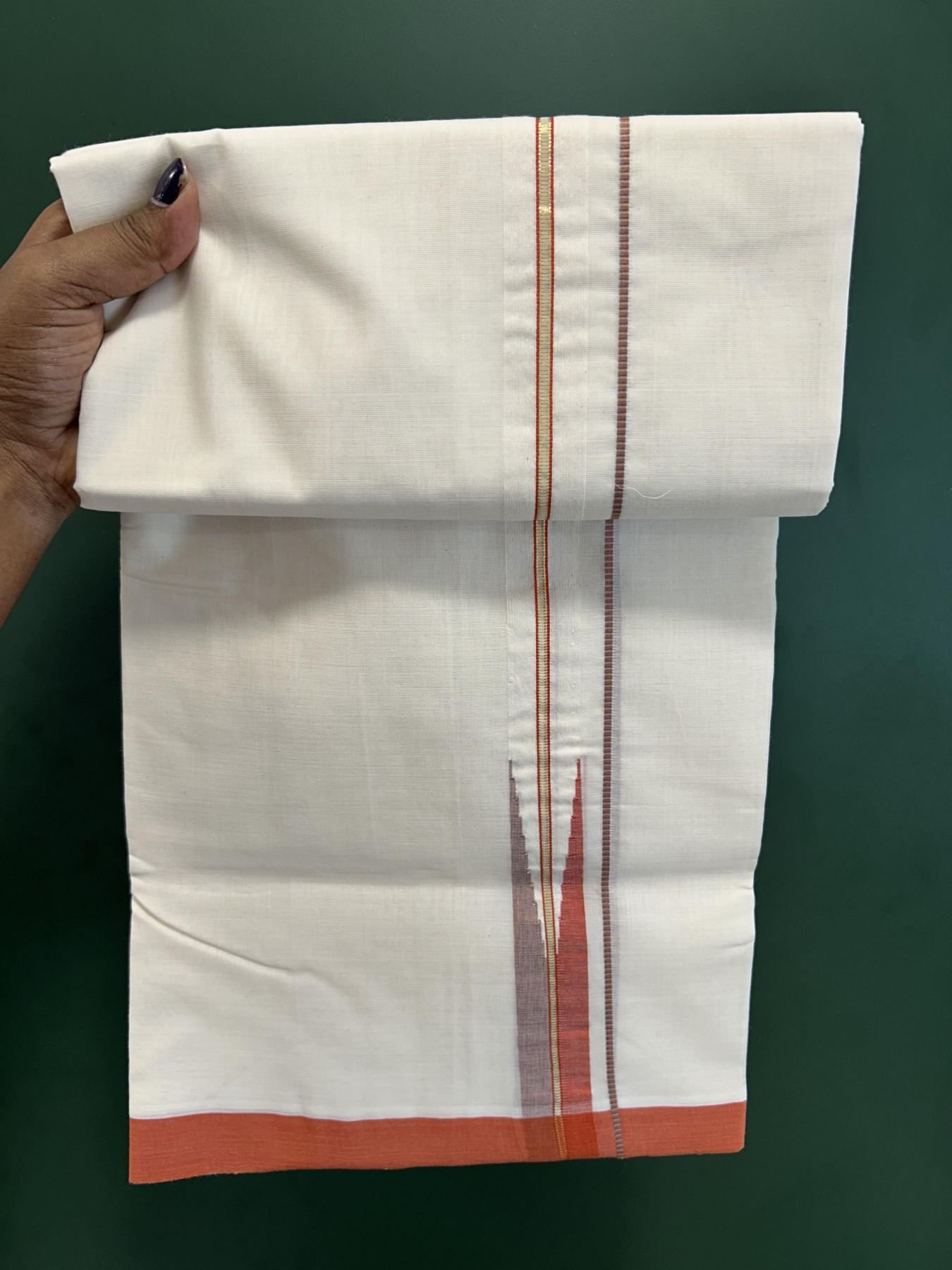 Double Off White (Unbleached) Mundu/Dhoti- 25% Discount! KaithariKada Handloom Unakkupaav - 100% Pure Cotton - 100x80 - 0.75 inch Orange, Yellow & Multi Colour Shaded Gold Kasav Pure Jerry Striped Chutty Kara 4 meter (8.5 muzham) - 6 KK5436 REA