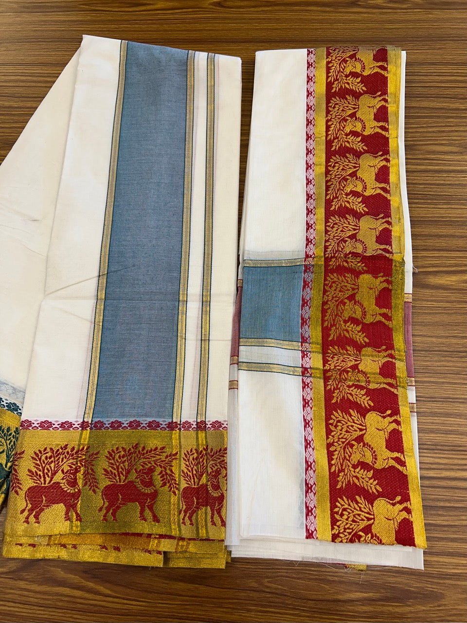 20% Discount! KaithariKada Mixed Cotton Off White - (Unbleached) 80x90 thread - North Indian - Gamcha 8x4 - 4 inch kara with Red & Green Gold Kasav Jacquard border -12 KK5303 PMC