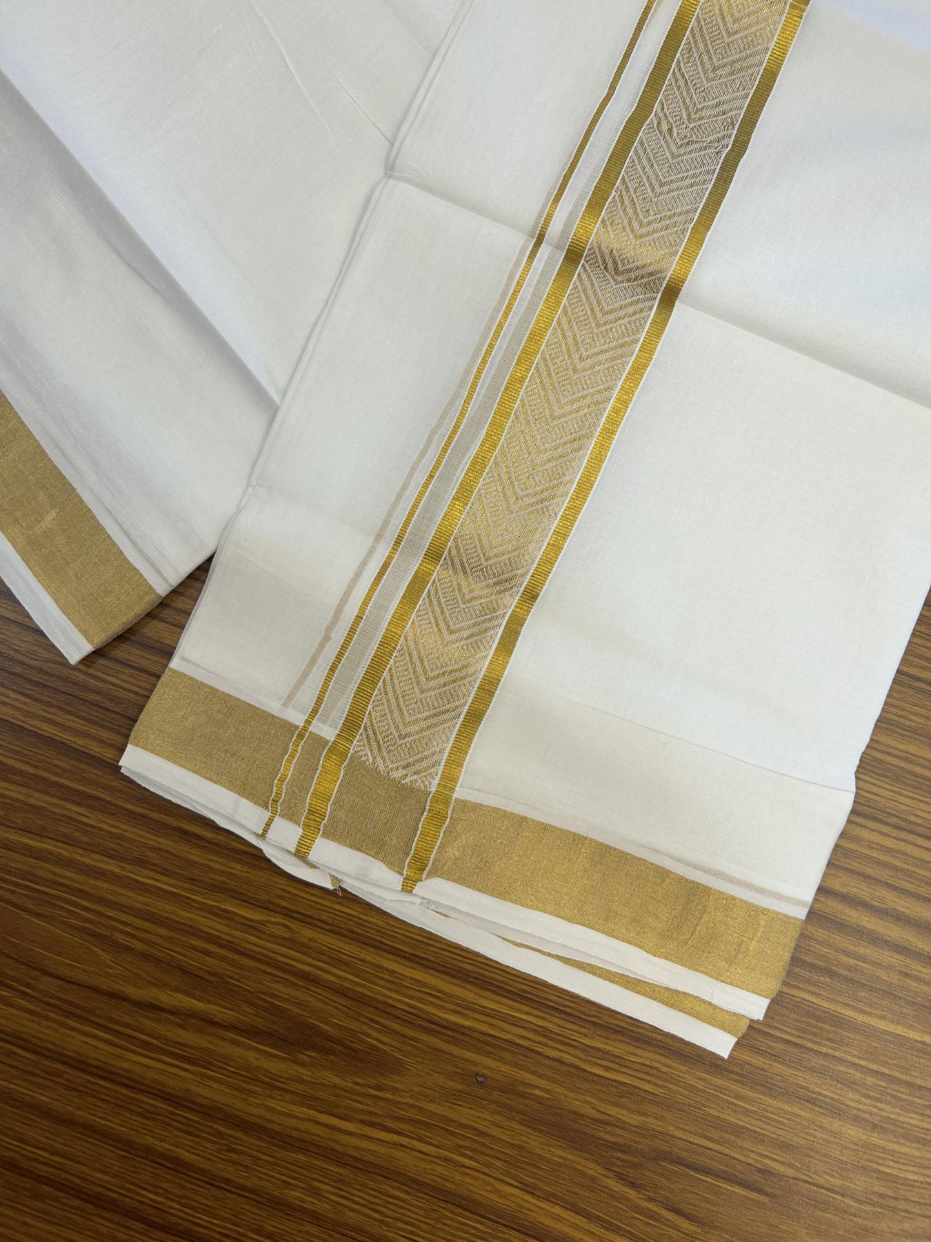 20% Discount!! Kaitharikada Balaramapuram 100% Pure Cotton Pure White Double Mundu/Dothi - 100x80 - 1.75 inch Gold Kasav Jacquard Design Kara - 3.90 m (8 muzham) - 52 KK5356 VAS