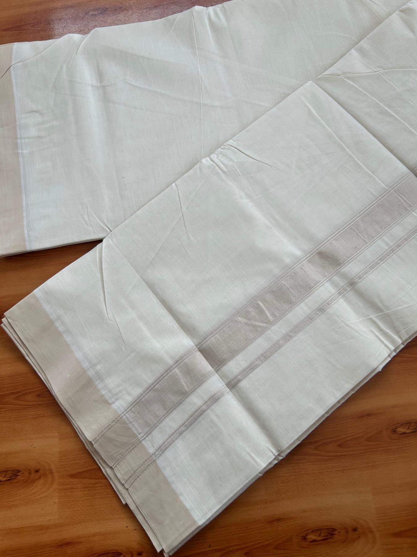 Double Off White (Unbleached) Mundu/Dhoti - 20% Discount! Kaitharikada Pure Cotton - 80x80 - 1.25 Inch Sand Beige & Silver shaded Kara 4 mtr (8.5 muzham) - 7 KK5497 MRH