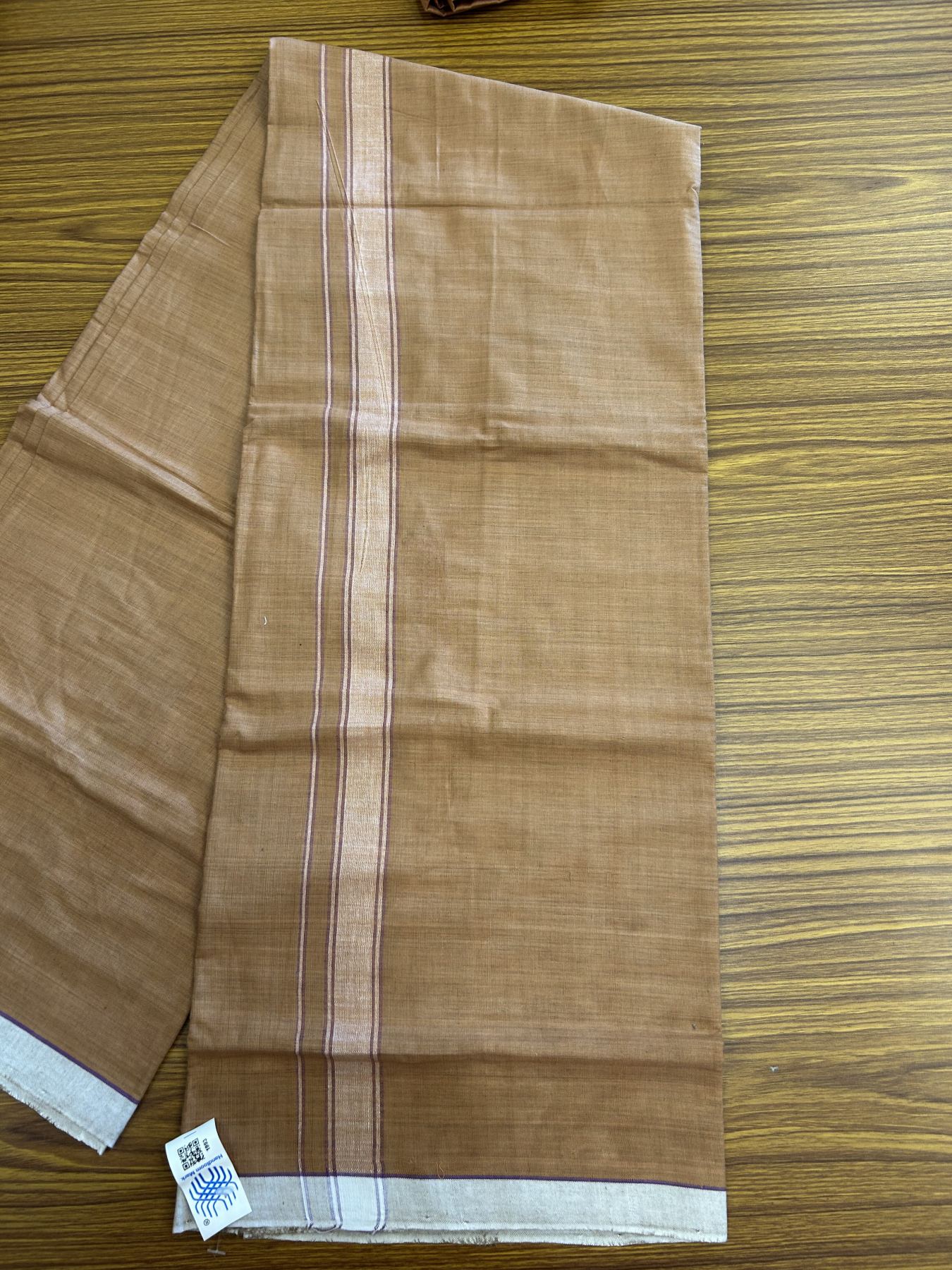 Kerala Handloom - Signature Kaitharikada - Government Sealed Hallmarked - 100% Pure Cotton 2/60x40s Thread - Single Mundu / Dhoti - 1.25 inch White Violet Shaded Striped Kara with Kavi colour Body - 27 KK8046 KAL