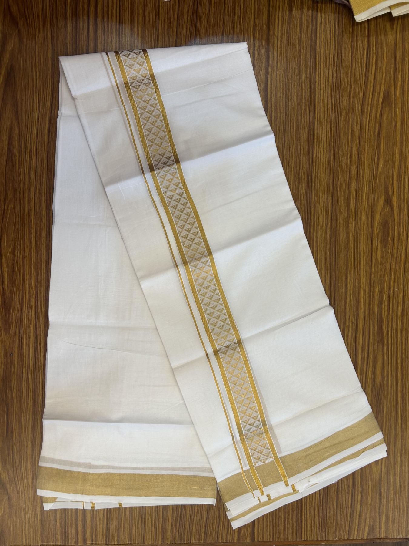 20% Discount!! Kaitharikada Balaramapuram 100% Pure Cotton Pure White Double Mundu/Dothi - 100x80 - 1.75 inch Gold Kasav Jacquard Design Kara - 3.90 m (8 muzham) - 53 KK5356 VAS