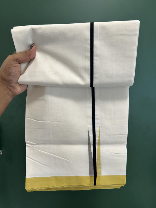 Double Off White (Unbleached) Mundu/Dhoti - 25% Discount!! KaithariKada Handloom Unakkupaav - Kerala Handloom - 100% Pure Cotton - 100x80 - 1 inch Black, Golden Yellow & Brown with Multi Colour Chutty Kara 4 meter (8.5 muzham) - 11 KK5436 REA