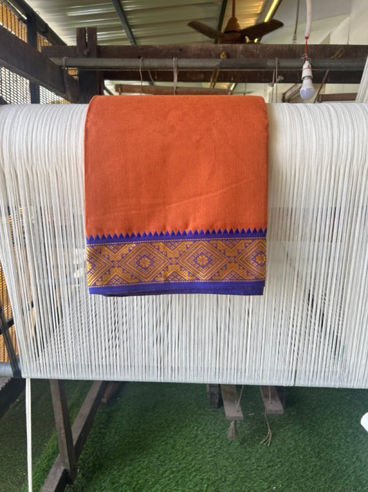 20% DISCOUNT! KaithariKada - Cotton Mix - 80x90 thread - 80 % Cotton & 20% Polyester- NORTH INDIAN - ATTACHED GAMCHA 9X5 Dhoti - 2.75 inch Blue & Yellow Kara with Kavi Colour body - Gold Kasavu Green & Blue Design Border - 109KK5227 PMC
