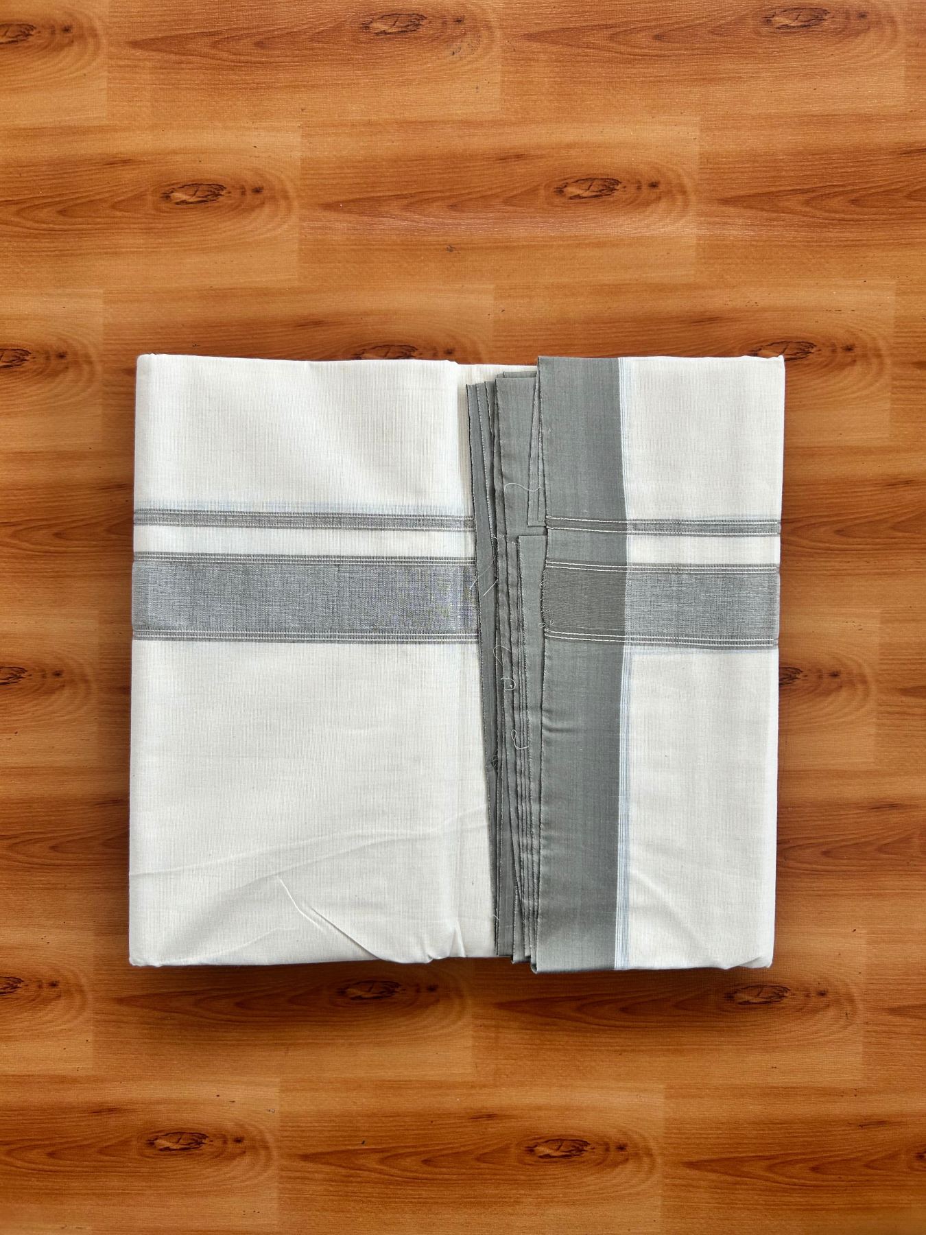 Double Off White (Unbleached) Mundu/Dhoti - 20% Discount! Kaitharikada Pure Cotton - 80x80 - 1.25 Inch Army Brown & Silver shaded Kara 4 mtr (8.5 muzham) - 8 KK5497 MRH