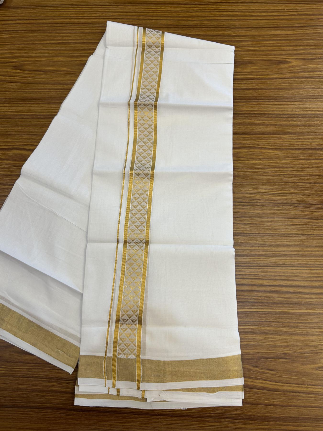 20% Discount!! Kaitharikada Balaramapuram 100% Pure Cotton Pure White Double Mundu/Dothi - 100x80 - 1.75 inch Gold Kasav Jacquard Design Kara - 3.90 m (8 muzham) - 53 KK5356 VAS