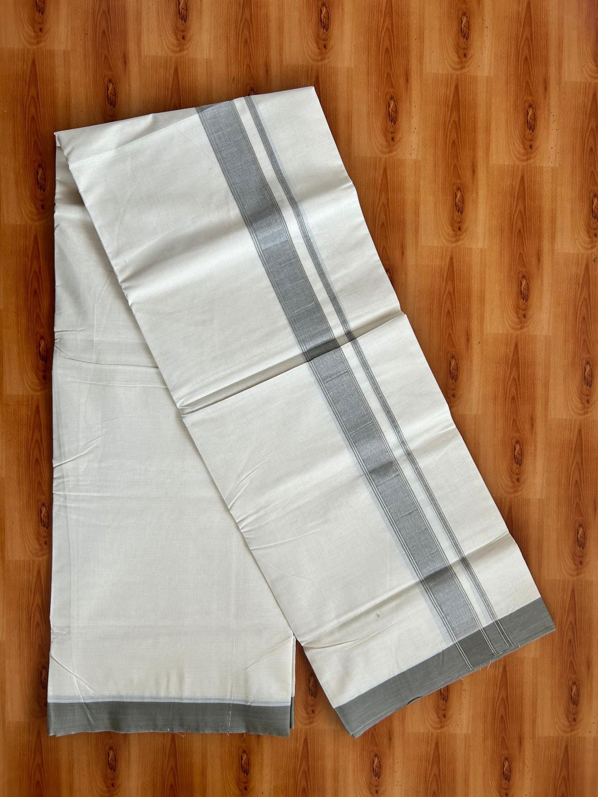 Double Off White (Unbleached) Mundu/Dhoti - 20% Discount! Kaitharikada Pure Cotton - 80x80 - 1.25 Inch Army Brown & Silver shaded Kara 4 mtr (8.5 muzham) - 8 KK5497 MRH