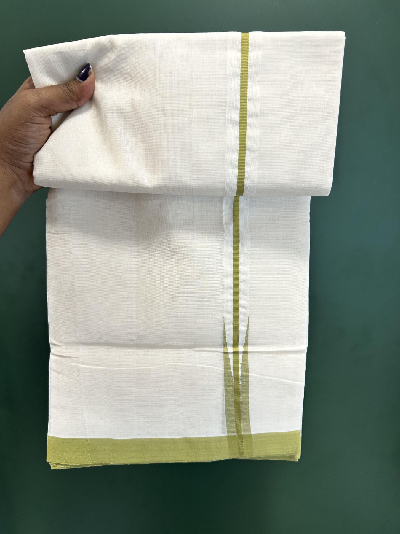 Double Off White (Unbleached) Mundu/Dhoti - 25% Discount!! KaithariKada Handloom Unakkupaav - Kerala Handloom - 100% Pure Cotton - 100x80 - 1 inch Light Olive Green Chutty Kara 4 meter (8.5 muzham) - 7 KK5436 REA