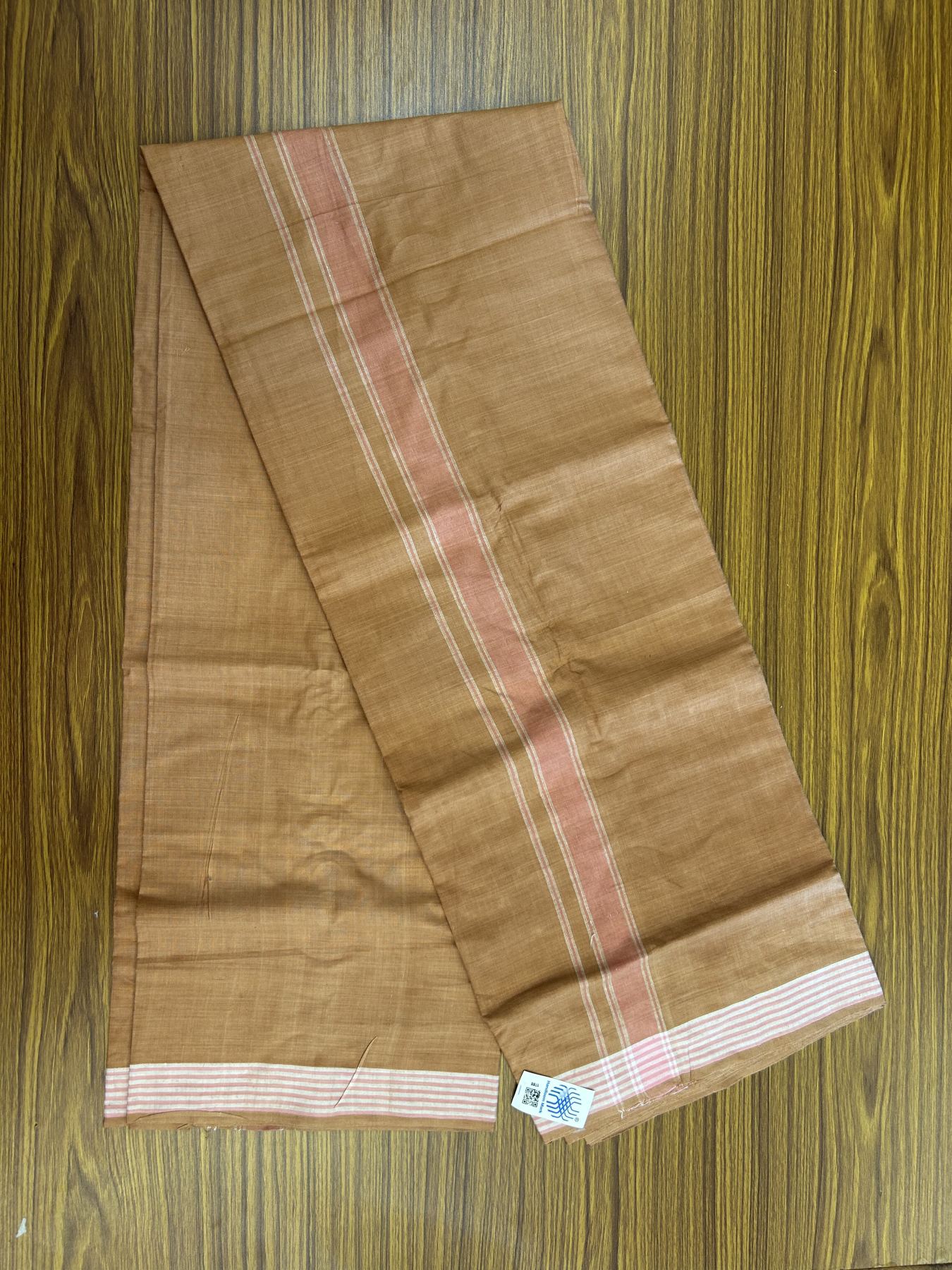 Kerala Handloom - Signature Kaitharikada - Government Sealed Hallmarked - 100% Pure Cotton 2/60x40s Thread - Single Mundu / Dhoti - 1.25 inch Peach Shaded Striped Kara with Kavi colour Body - 28 KK8046 KAL